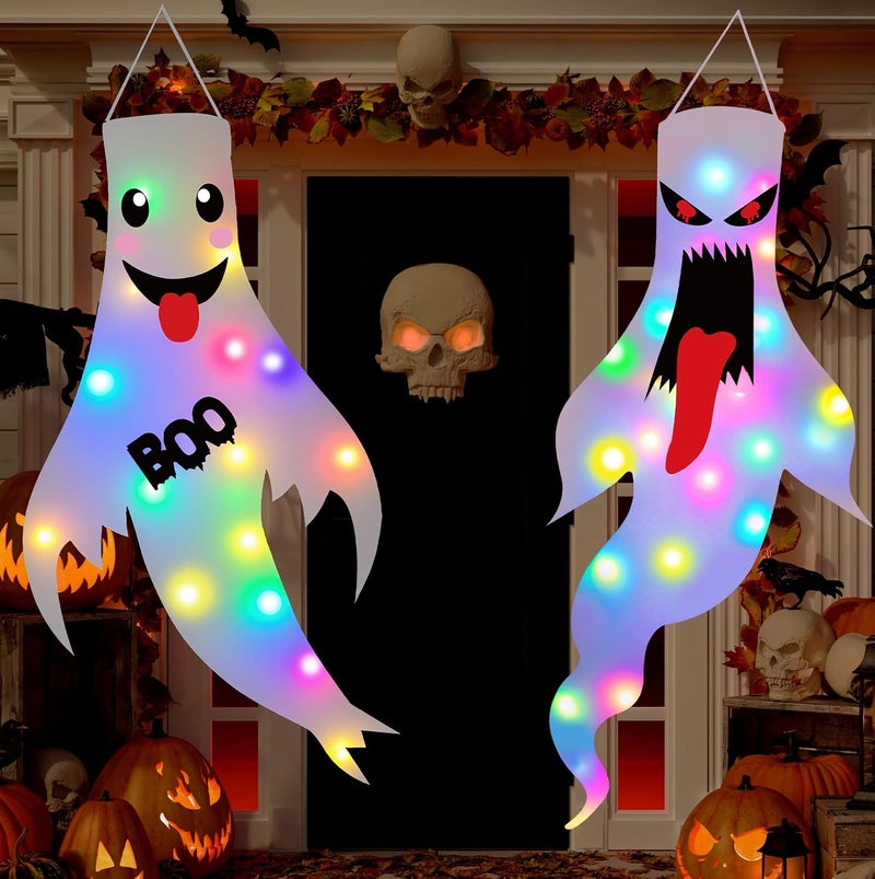 Tepoobea Halloween Decorations Outdoor Indoor, 2 Pack Light Up Ghost Decorations with LED Lights, Hanging Ghost Halloween Decor for Yard Porch Garden Lawn Party (1A-2Pack) - Image 1